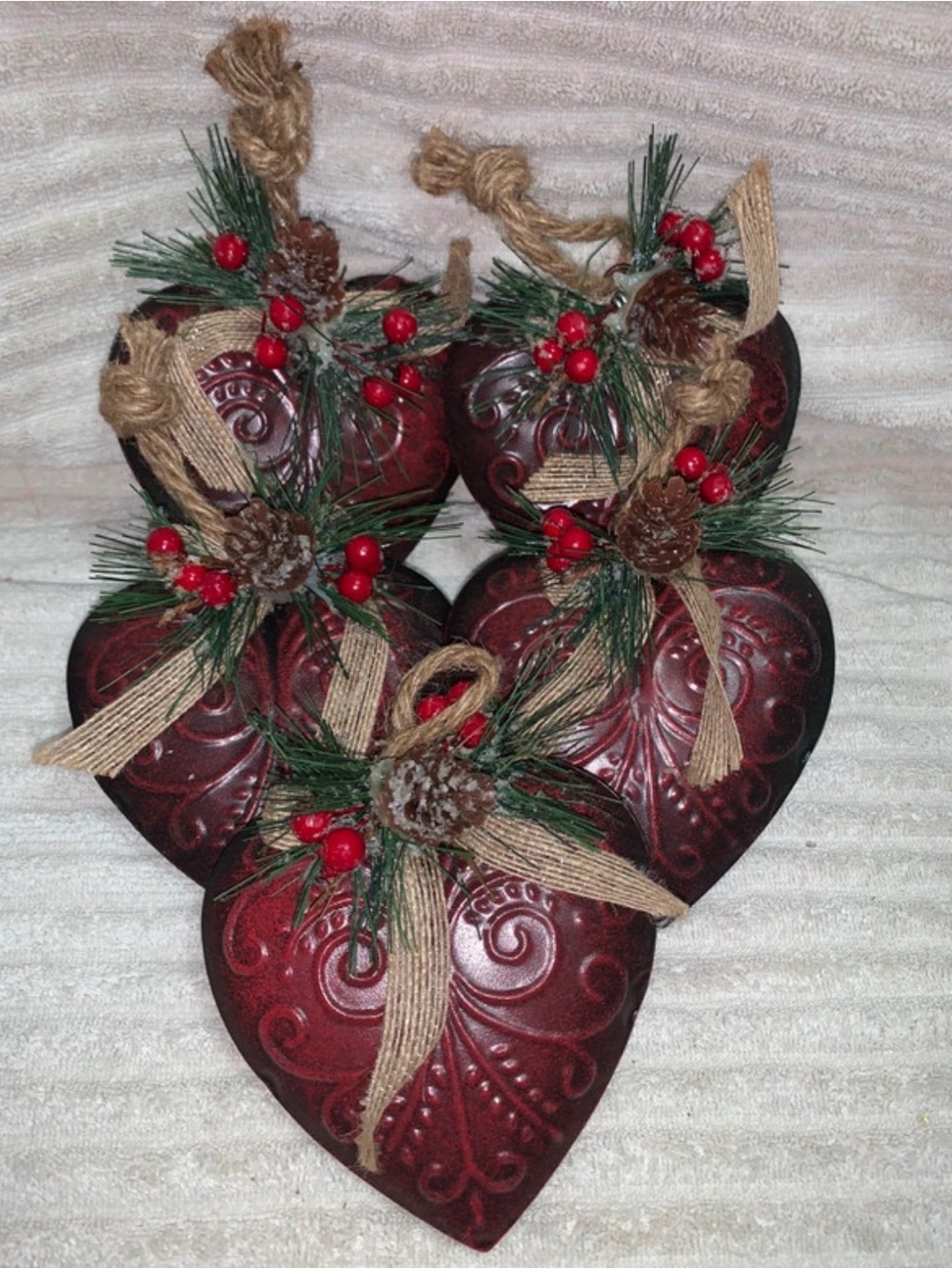 5 country heart shaped bells Christmas decorations